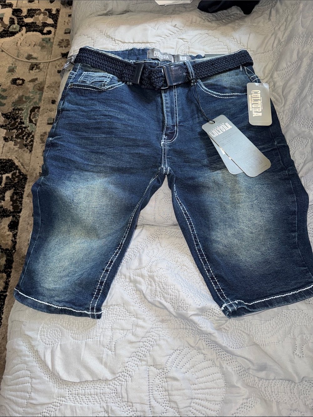 NYC Faded Dark Blue Denim Jean Shorts with Woven Belt